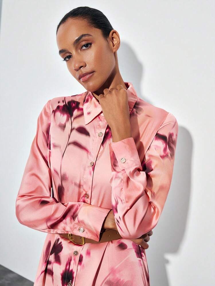 SHEIN Maija Women's Elegant Dusty Pink Floral Print A-Line Shirt Dress With Waist Belt,Long Sleeve Button Down Autumn Maxi Dress For Tea Party Business Casual