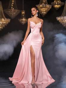 Glamrae 极简主义个性化手工缎面猫领扭绳胸前开衩紧身女式正式晚礼服 - 粉色 - 查看 1