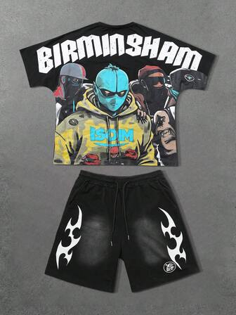 Street Life طقم تي شيرت رجالي، طباعة جرافيك إنجليزية لصورة قناع أمريكي شارع، أكمام خفاش