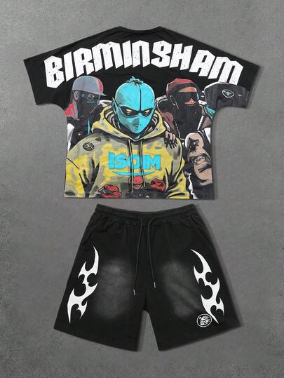 Street Life Men's T-Shirt Set, Street American Mask Portrait English Graphic Print Batwing Sleeve Outfit