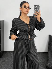 Flirla Plus Size Vacation Casual Versatile Tie-Front V-Neck Short Sleeve Crop Top + Matching Striped Pants 2 Pieces Set Fall Cloth For Women