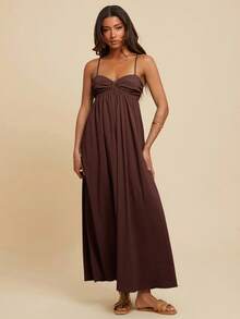 Travachic 女式褶皱无袖连衣裙，度假风格，春夏，女式夏季服装，女式沙滩服装，女式，春假，女式演唱会服装，波西米亚风，狂欢服装，热带度假，节日，浪漫女式夏季连衣裙，波西米亚风女式连衣裙，女式热带连衣裙，女式连衣裙，度假新品女式连衣裙 - 咖啡棕 - 查看 5