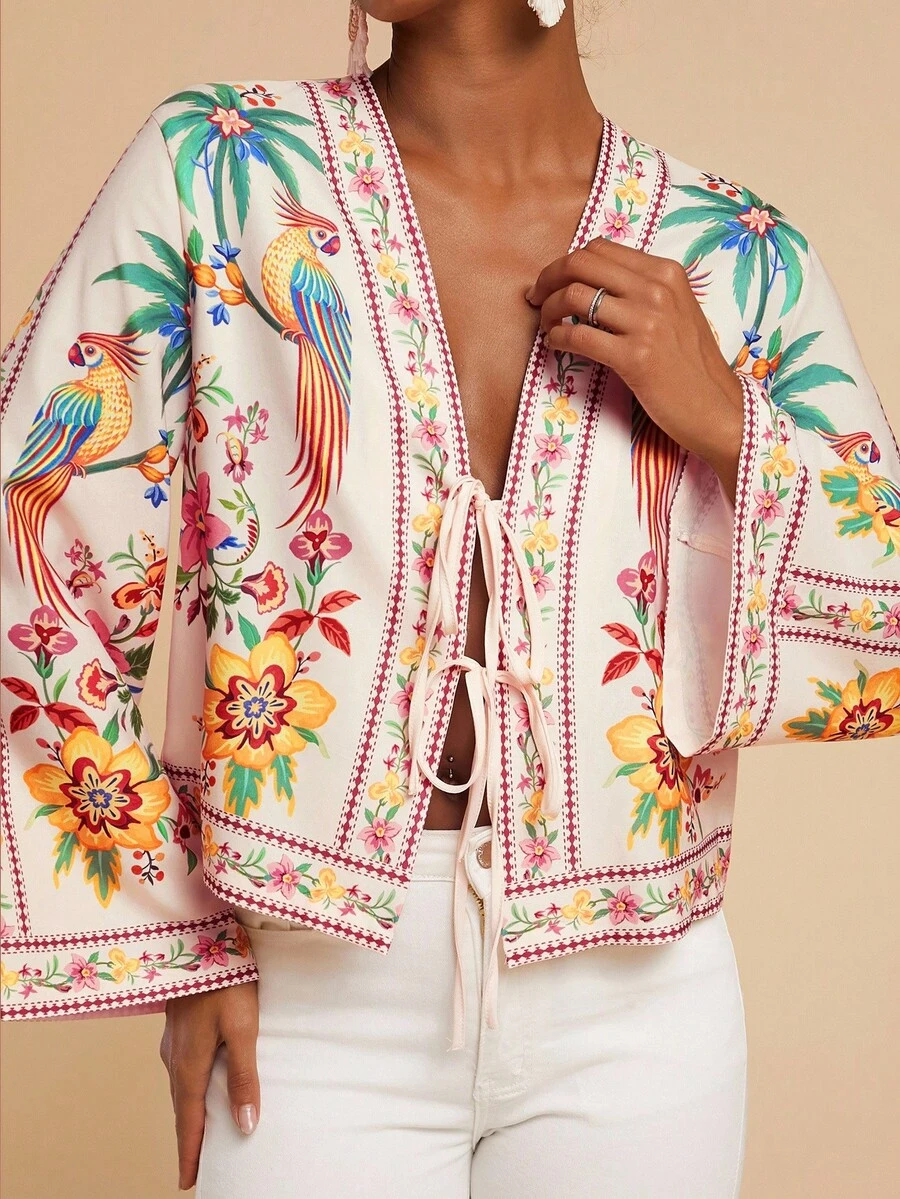 Travachic Áo sơ mi dài tay thường ngày in họa tiết hoa và vẹt buộc phía trước dành cho nữ, phong cách Boho nhiệt đới thường ngày dành cho nữ, mùa thu dành cho nữ, mùa thu sang trọng, đi chơi, thanh lịch, phong cách đồng quê dành cho nữ - Hồng - Xem 1