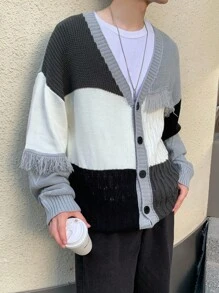 Manfinity Hypemode Men's Casual Colorblock Fringe Trim Cardigan, Autumn/Winter Men Frayed Cardigan Men Patchwork Cardigan - Multicolor - View 4