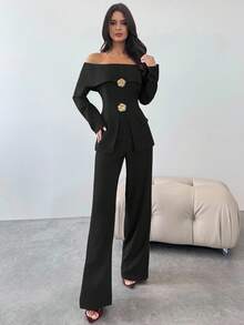 Firerie 2 件套女士优雅露肩长袖上衣和裤子套装，适合秋冬季通勤 - 黑色 - 查看 7