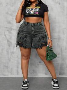 SHEIN CURVE+ Plus Size Women's Pocket Distressed Relaxed Fit Denim Shorts, Curve Plus, Boho Vacation - Black - View 3