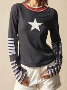 Bohemela 秋冬波西米亚风休闲针织拼布长袖圆领修身女式T恤 - 黑色 - 查看 2