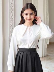 SHEIN Cute Japanese Style Button Up Shirt For Girl, Spring/Autumn Unique Design Layering American Shacket Long Sleeve Top Fall Winter - White - View 3