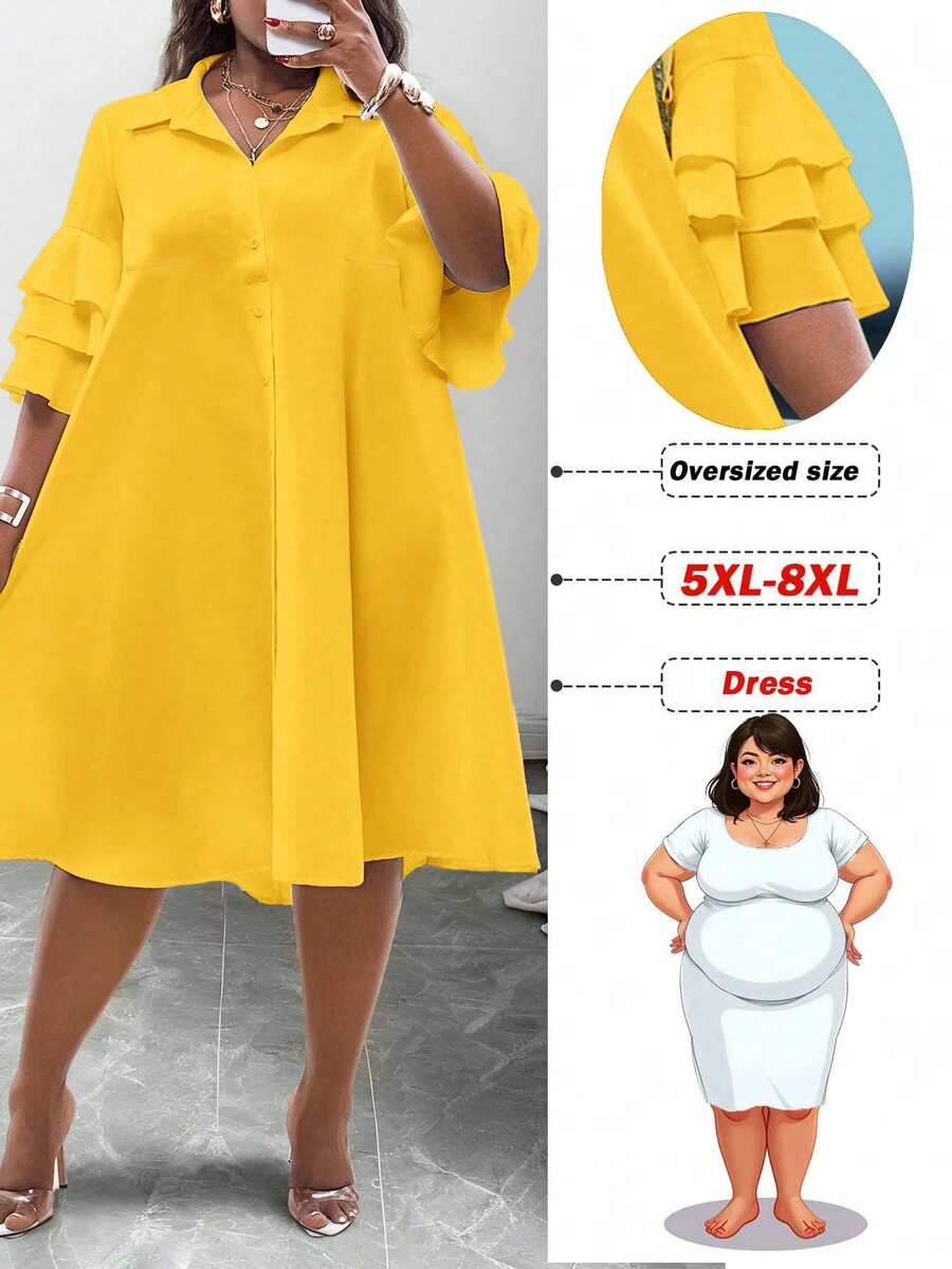 SHEIN CURVE+ 2025 年新款女装 - 狂欢、复活节、老钱风格、乡村音乐会、外出、仙女风、节日、热带度假、适合春夏季、夏季服装、狂欢、欧洲夏季、春季、西部服饰、音乐会、毕业典礼、适合日常通勤、商务休闲、极简休闲沙滩装 - 分层荷叶边袖衬衫、不对称下摆中长连衣裙、曲线加大码、波西米亚度假加大码黄色连衣裙加大码荷叶边连衣裙 5xl 加大码柠檬色连衣裙加大码加大码 Ov - 黃色 - 查看 1