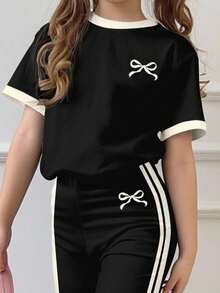 SHEIN Happikins Vintage Collegiate Striped, Mini Bow Design Young Girl Casual Minimalist Black & Cream White Striped Loose Crew Neck Short Sleeve T-Shirt And Flare Pants 2 Pieces Set, Suitable For Summer, Summer Outfits For , Easy Comfort, Autumn Layers For Young Girl, Stylish Kids, Casual Wear, Back To School, Fall Clothes