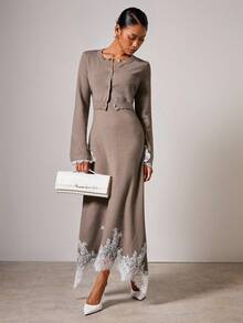 COSMINA 女士无袖蕾丝边针织连衣裙和开衫两件套 2 件套连衣裙搭配开衫套装 秋冬优雅 2 件套 - 棕色 - 查看 5