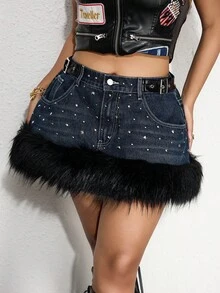 ROMWE Grunge Punk Minifalda de mezclilla con remaches, parches y dobladillo deshilachado, estilo punk, talla grande - Azul - Ver 2