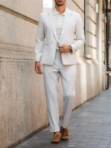 Manfinity AFTRDRK Men's Simple Solid Color Suit Jacket And Pants Set, Business/Wedding - Beige - View 6
