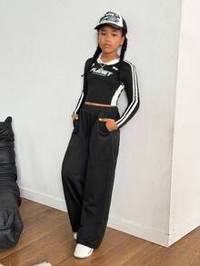 2pcs/Set Tween Girls Retro Graphic Long Sleeve T-Shirt Top And Loose Fit Sweatpants Streetwear Outfit - Black - View 6