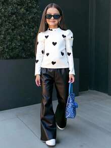 SHEIN Leap Crew Tween 女孩时尚针织心形贴片领运动衫和 PU 皮革喇叭裤套装 - 紫色 - 查看 2