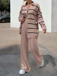 EURMUSE Bộ áo len cardigan kẻ sọc và quần dài cho nữ - Màu hồng gỉ - Xem 5