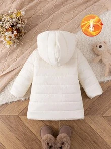 SHEIN Playful Pals 女婴冬季时尚简约杏色长袖连帽中长款棉衣，适合户外雪景 - 杏色 - 查看 2