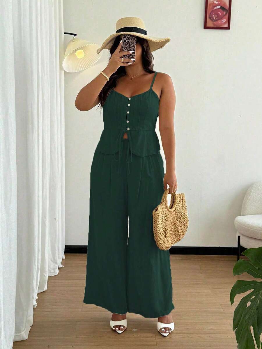 SHEIN SunnyBelle 2pcs/Set Plus Size Women's Casual Minimalist Linen Camisole & Pants Set, Summer