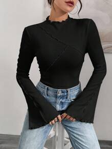 Siren Gaze 女士简约纯色长袖蕾丝 T 恤 - 黑色 - 查看 2
