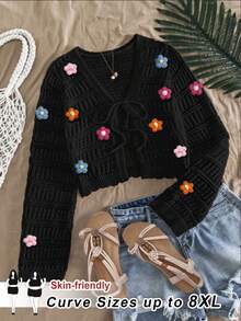 SHEIN CURVE+ Ropa de mujer de talla grande con estilo primavera/verano, cárdigan delgado con lazo frontal, ropa de otoño/invierno para mujer, CURVE PLUS - Negro - Ver 8