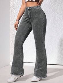SHEIN ICON 女式高腰喇叭紧身休闲百搭牛仔裤 - 灰色 - 查看 5