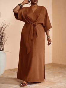 Veslaya 2025 Spring/Summer New Arrival Vacation Casual & Elegant Party & Daily Wear Fitted Solid Khaki V-Neck Raglan Sleeve Waist Tie Slit Hem Woven Textured Fabric Plus Size Maxi Dress