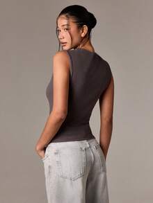 AiiRZ Wide Shoulder Ribbed Tank Top High Neck Basic Sleeveless Body Fitted Classic Essential Layering Summer Spring Top - Dark Grey - View 2