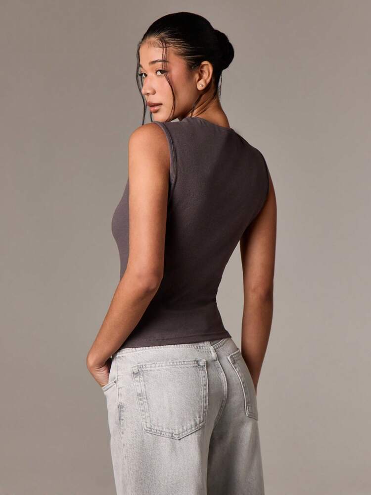 High Neck Ribbed Tank Top With Wide Shoulders