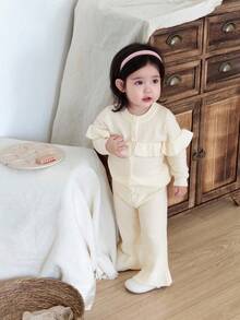 DAZY 2pcs Baby Girls' Ruffled Hem Solid Color Knitted Sweater And Pants Set - Beige - View 4