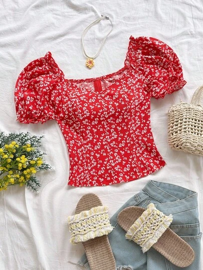 Soleia Ditsy Floral Sweetheart Neck Frilled Puff Sleeve Blouse