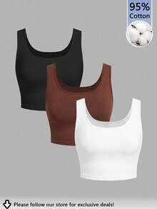 Tseoso 3pcs/Set Casual Slim-Fit Women's Camisole Tops, Black, White & Brown, 95% Cotton, Suitable For Summer, Vintage, Cute Summer Tops, Softgirl, Summer Outings, Home, Back To School, Fall Women Clothes, Versatile 3 Pack Crop Tops Basic Crop Tops Tight Fitting Crop Tops Crop Tank Tops Brown Crop Top