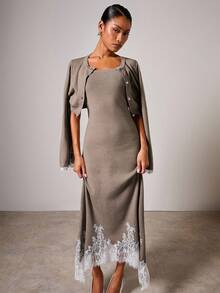 COSMINA 女士无袖蕾丝边针织连衣裙和开衫两件套 2 件套连衣裙搭配开衫套装 秋冬优雅 2 件套 - 棕色 - 查看 1