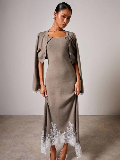 COSMINA Women's Sleeveless Lace Trim Knit Dress & Cardigan 2 Pieces Set 2 Pieces Dress Set Dress With Cardigan Set Elegant 2 Pieces Set In Fall/Winter