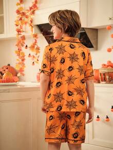 Halloween Tween Boy Spider Web Print Short Sleeve Lapel NeckSingle-Breasted Top And Shorts Pajama Set - Multicolor - View 2