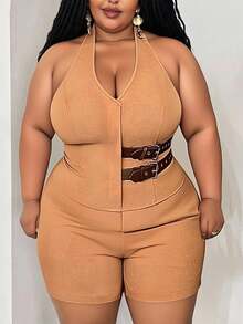 Slaydiva Veslaya Plus Size Women Halter Neck Low-Cut Vest & Shorts 2pcs Suit,Black And White,Summer,Classy,Night Out Club Two Piece Matching Curvy Outfit Set - Khaki - View 2