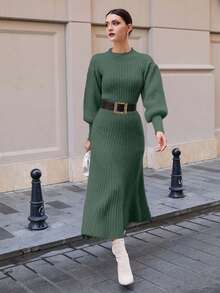 EURMUSE Abito maxi in maglia con maniche a palloncino e orlo a linea A - Verde militare - Visualizzare 3