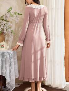 女士优雅荷叶边撞色蕾丝法式长袖睡袍睡裙，秋季 - 藕粉色 - 查看 2