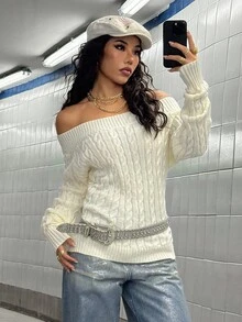 SHEIN HypeZone 女士街头风露肩扭绳宽松休闲长袖毛衣，秋冬 - 杏色 - 查看 5
