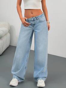 EURMUSE 低腰水洗细节直筒牛仔裤 - 中等水洗藍 - 查看 7