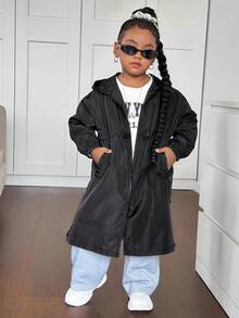 SHEIN Young Girl Solid Color Hooded Cinched Waist Long Casual Jacket,In Fall/Winter - Black - View 2
