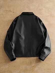 HIMLAND Men's Casual Woven PU Leather Collar Jacket, Suitable For Everyday Wear Men Black Leather Jacket Men Streetwear Jacket Black Leather Jacket With Pockets Loose Fit Leather Jacket Men Men Casual Leather Jacket , Fall Winter