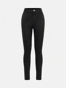 SHEIN Tween Girls' Casual Versatile Solid Color Elastic Pocket Skinny Fit Black Leggings, Suitable For Weekend, Casual Outing, Back To School Fall Winter - Black - View 3