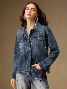 Anewsta Fashionable Rhinestone Embellished Denim Jacket For Women, Blue - Blue - View 1