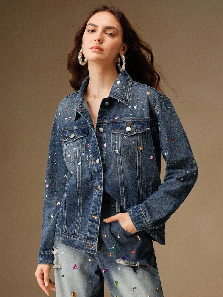 Veste en jean ornée de strass à la mode pour femmes, bleue