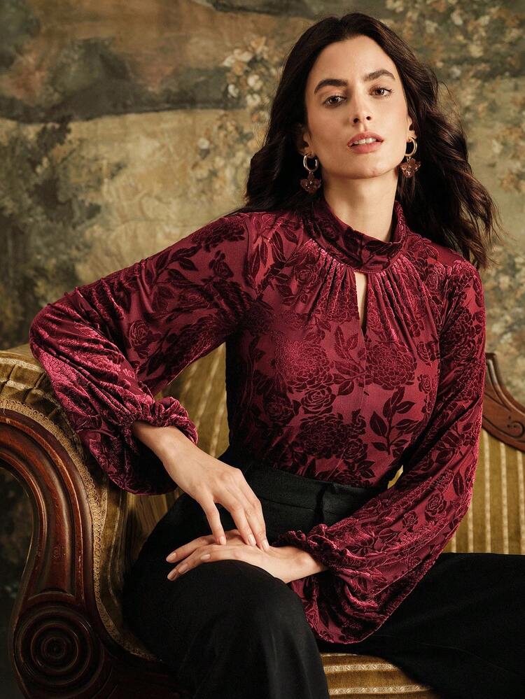 Chemise de luxe et raffinée à col mao en jacquard de faux soie à manches longues, convenant pour l'automne, l'hiver, le Nouvel An, élégante, chic, , Noël, sortie