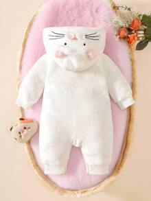 Newborn Baby Plush Embroidered Cat Jumpsuit White & Pink Contrast Color, Cute & Fun, Thermal Lined Thick, Front Zipper Closure, Suitable For Autumn/Winter Wear, Indoor, Outdoor, Photography, Birthday Party, 0-9M Fall - Beige - View 2