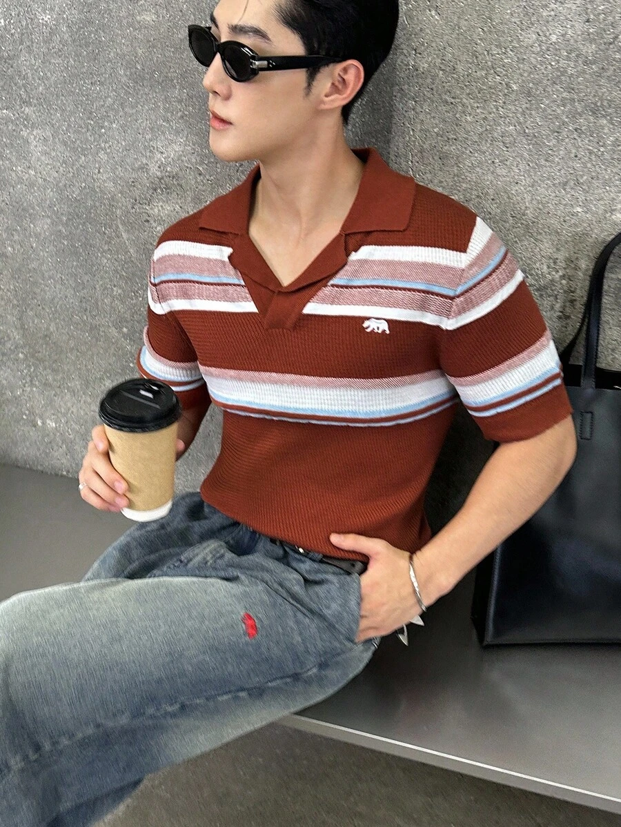SWAVVY 男士休闲撞色条纹短袖针织上衣 - 紅色 - 查看 1
