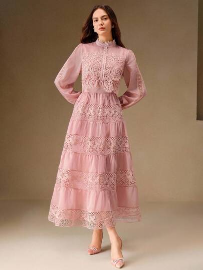 Anewsta 法式复古宫廷风镂空钩针蕾丝拼布立领单排扣收腰喇叭下摆连衣裙女