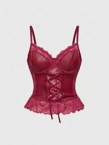 ROMWE Sexy PU Contrast Lace Trim Gothic Camisole - Red - View 1