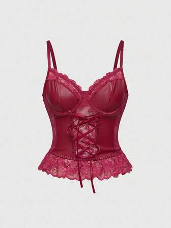 Sexy PU Kontrast Spitzenbesatz Gothic Trägerhemd